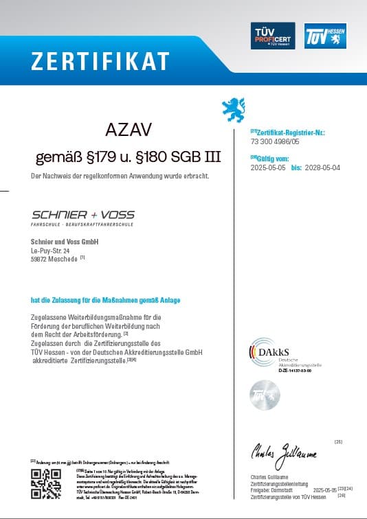 Maßnahmenzertifikat nach AZAV für Schnier + Voss, ausgestellt 2025