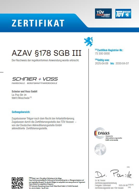 Trägerzertifikat nach AZAV für Schnier + Voss, ausgestellt 2025